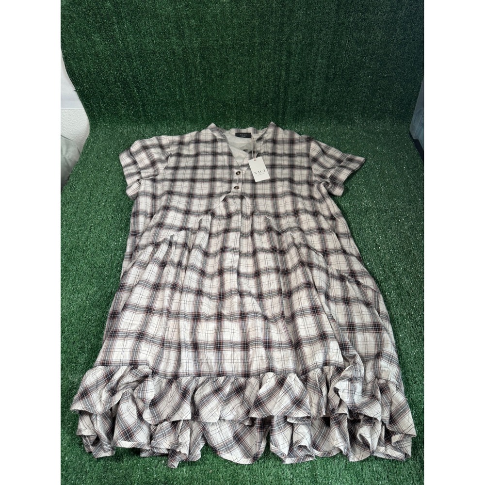 VICI Exclusive Plaid Tiered Ruffle Button Front Shirt Dress Women's Small
